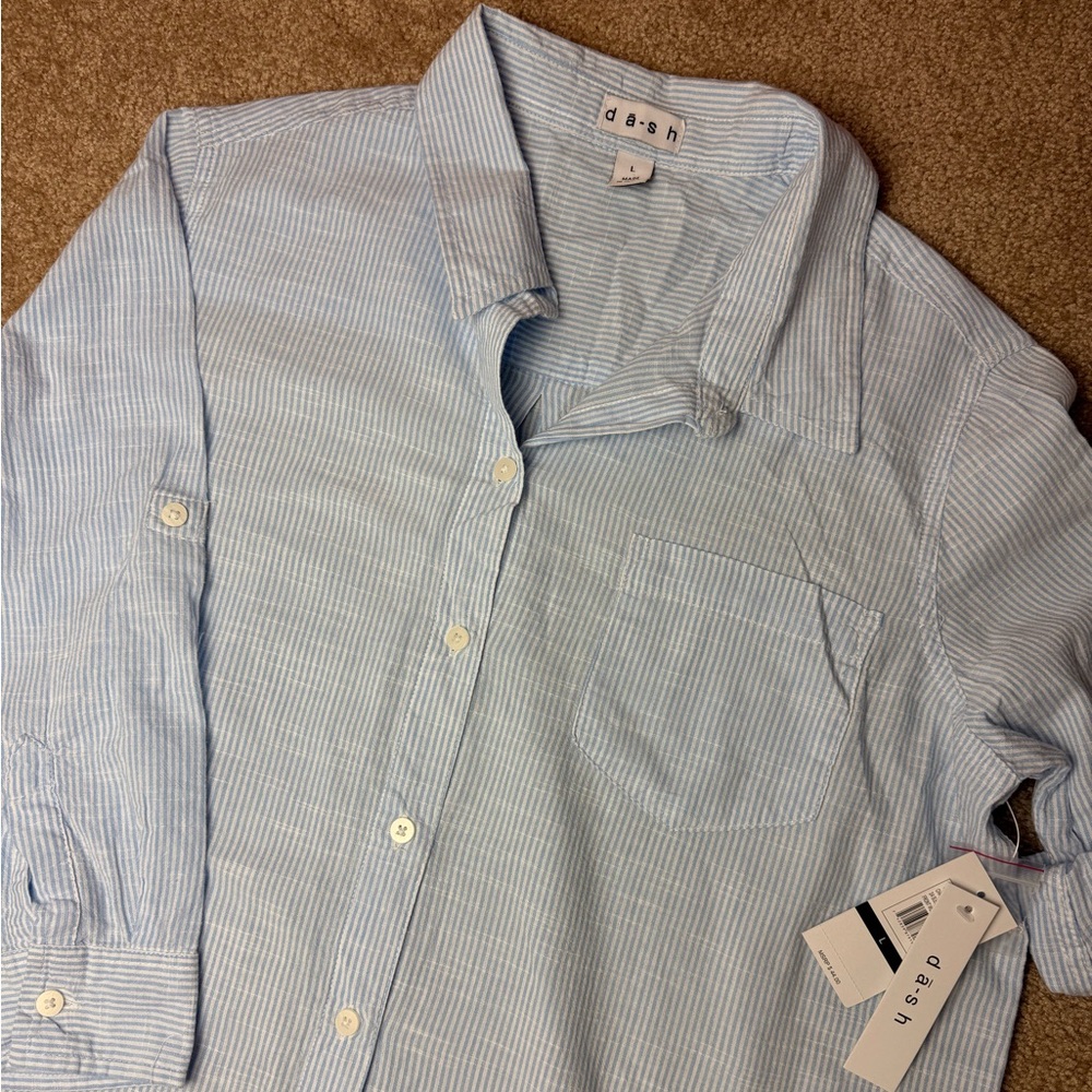 Dash Womens Stripe Button Down Shirt Roll Tab 3/4 Sleeve Cotton Blue‎ L